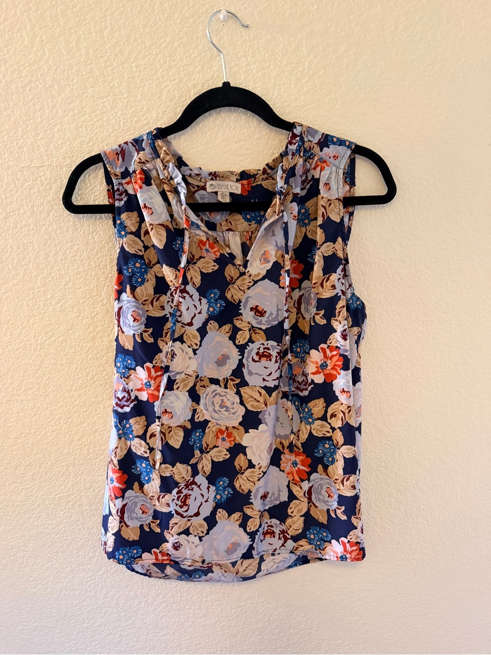 Floral Navy Sleeveless Tie-Neck Blouse